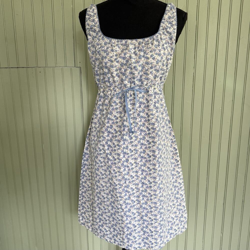 Vtg 90s y2k Ditsy Floral Milkmaid Mini Midi Dress Cottagecore Blue Sz 10 Medium